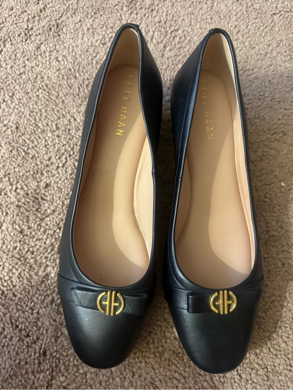 Cole Haan Black Leather Ballet Flats with Gold Logo